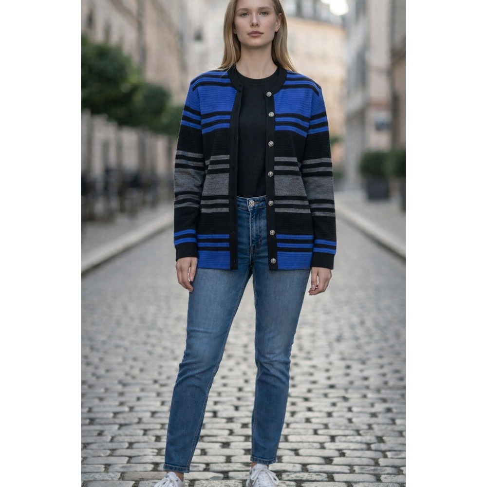 Vtg Alfred Dunner Ribbed Stripe Cardigan Sweater Jacket Blue Gray Black‎ M USA